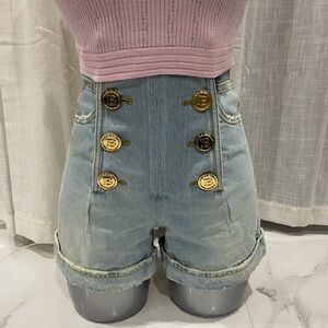 Balmain Pale Blue High-Waist Denim Shorts with Gold Buttons
